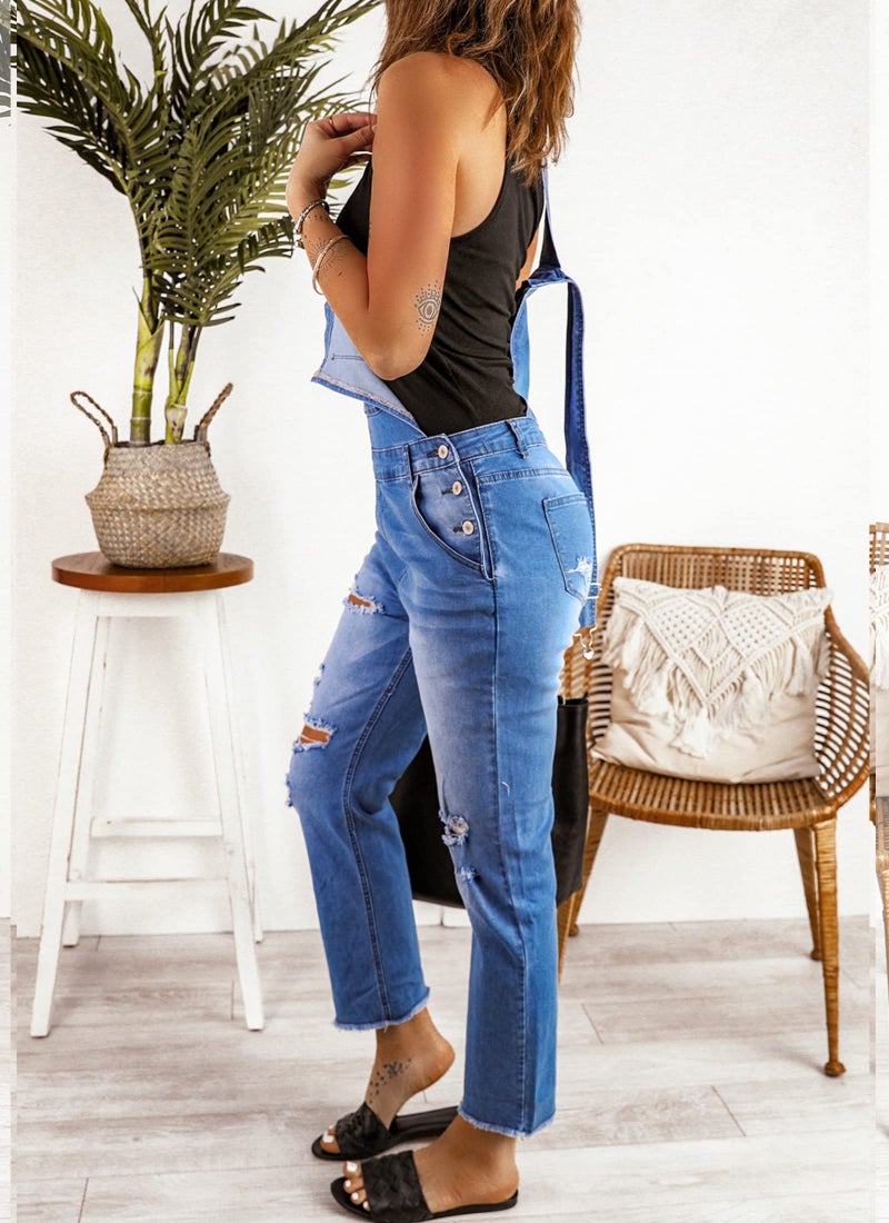 luvamia Women's Casual Distressed Adjustable Denim Bib Overalls Jeans Pants Jumpsuits Blue Size Small - Image 5